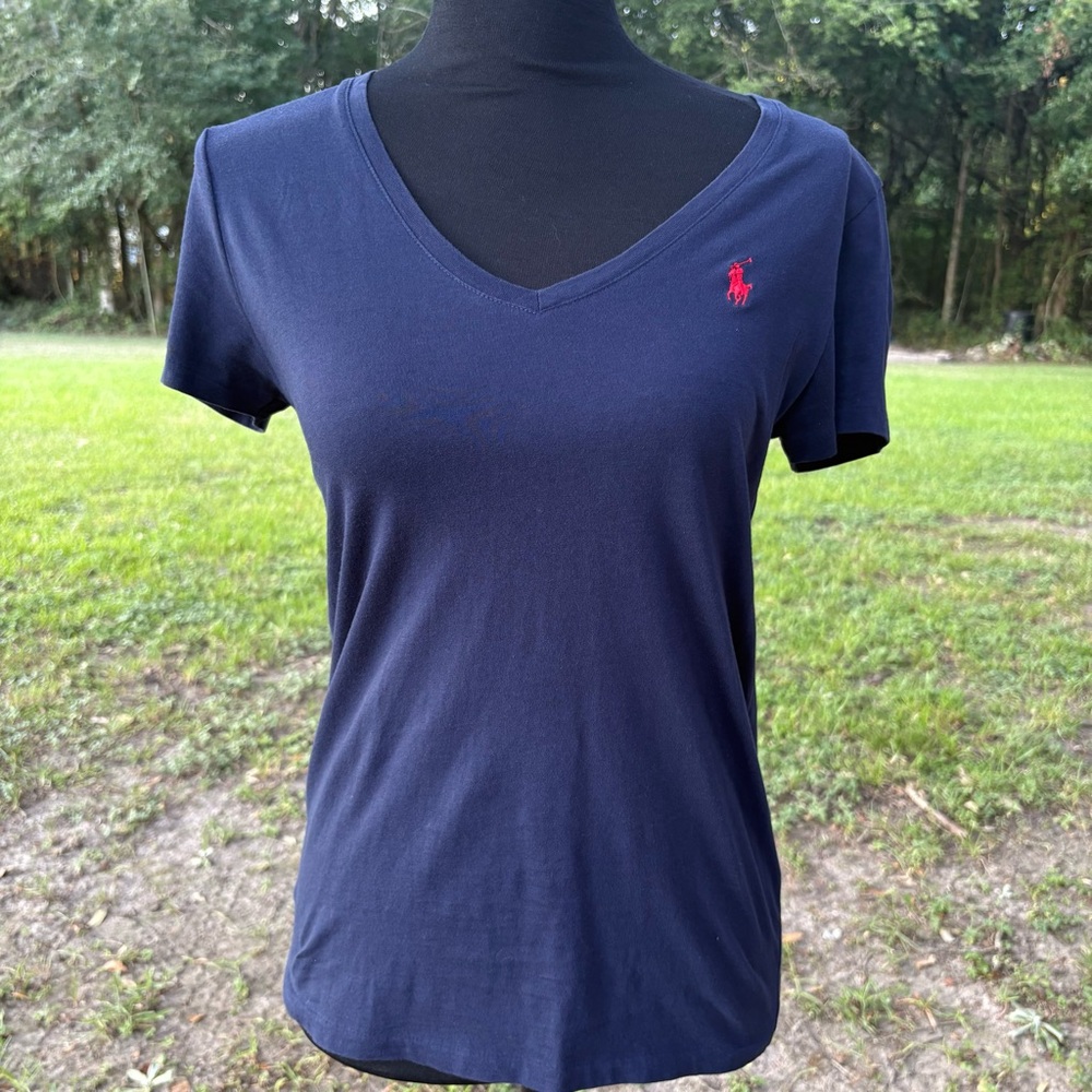 RALPH LAUREN SPORT COTTON V NECK T SHIRT RED LOGO HORSE MEDIUM SHORT SLEEVE GUC